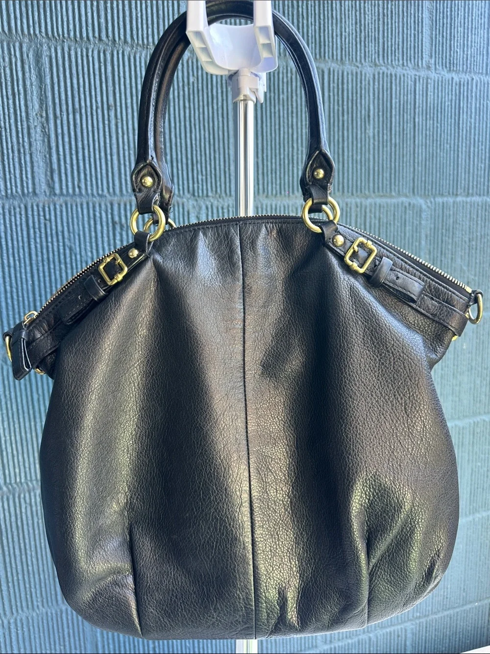 Coach Black Pebbled Leather Shoulder Bag with Gold Accents